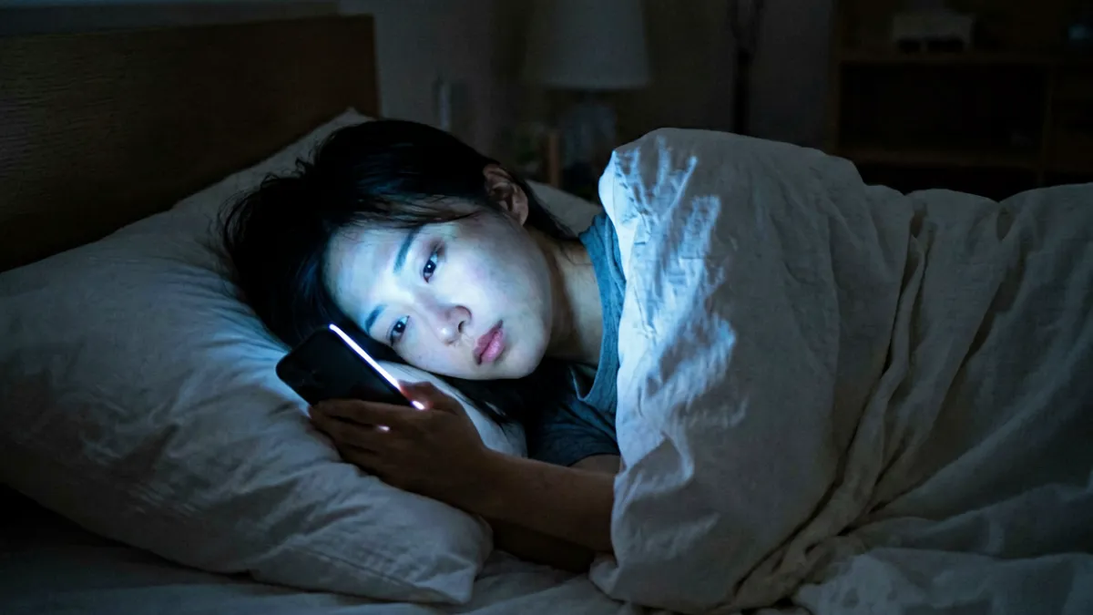 深夜卧室里手机屏幕亮着，展现羞羞视频深夜情感独白类内容的典型观看场景与氛围
