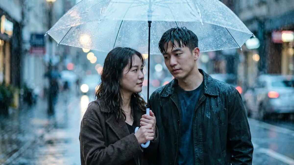 两人在雨中共撑一把伞，画面温馨，展示羞羞视频中雨天邂逅类剧情的典型视觉风格