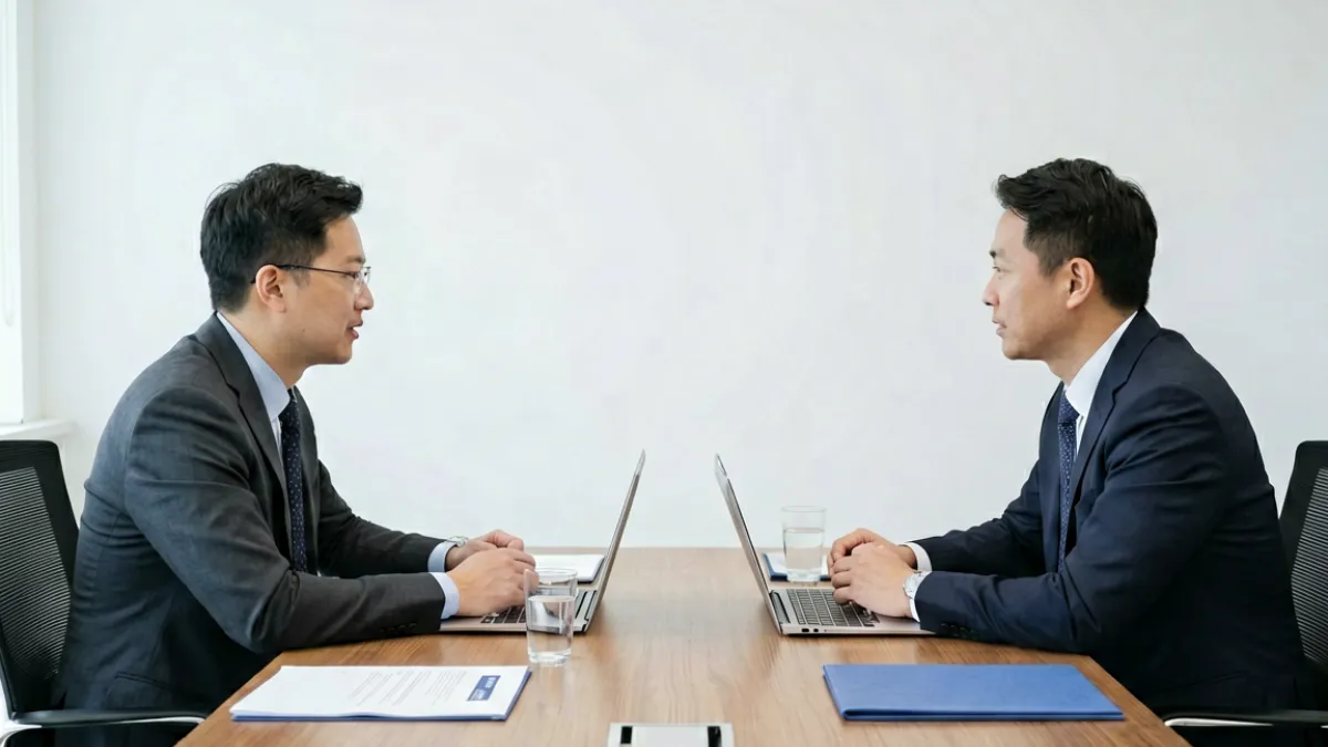 羞羞视频 - 监管部门约谈平台负责人场景示意，桌面摆放相关文件与笔记本电脑