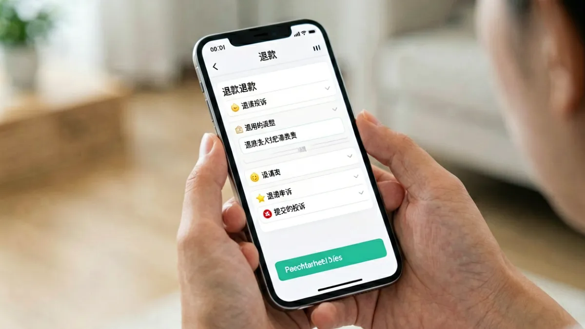 消费者在手机上查看付费内容投诉界面，屏幕显示退款申请页面